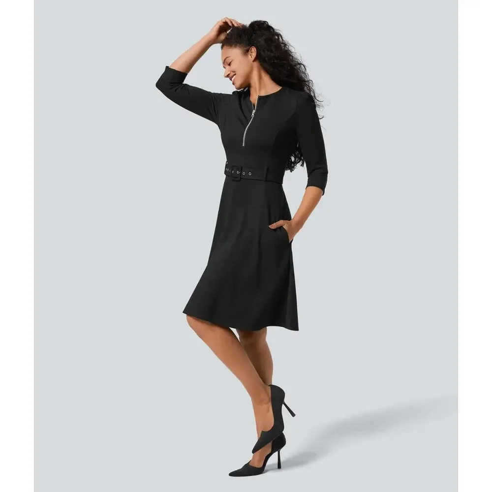 NWT Halara Round Neck Zipper Belted Pocket Midi Fit Work Dress - Size XL